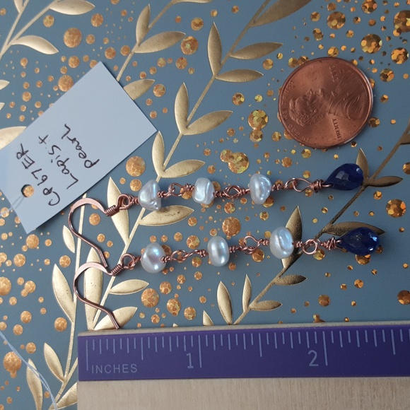 High faceted, grade AAA Lapis drop and pearl earrings - Picture 4 of 5